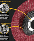 Close-up of Ten Piece 120 And 240 Grit Scour Flap Discs For Metal Grinding And Rust Removal Four And A Half Inch Coarse Polishing Wheels showing red nylon flap and stainless steel center ring