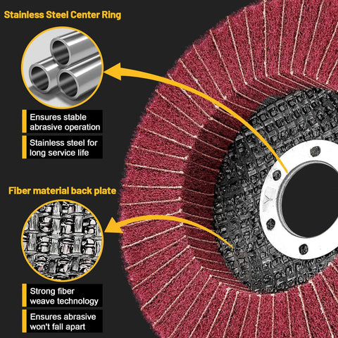 Close-up of Ten Piece 120 And 240 Grit Scour Flap Discs For Metal Grinding And Rust Removal Four And A Half Inch Coarse Polishing Wheels showing red nylon flap and stainless steel center ring