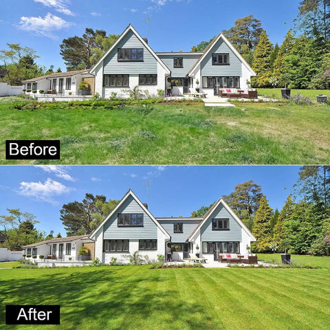 Before and after image showing lawn improved by Lawn Aerator Shoes With Double Layer Spring Design And Aluminum Base For Effortless Yard Aeration No Mess On Your Shoes Great For Patio And Garden Sessions In Orange.