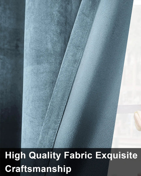 Close-up of Sky Blue Velvet Curtains 72 Inch Long With Grommets showcasing soft fabric texture and quality craftsmanship.