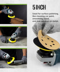 Rugged Five Inch Hook And Loop Sanding Pads With 5 8 11 Screw Thread And Cushioned Foam Backing For Angle Grinders And Power Drills in use.