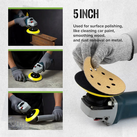 Rugged Five Inch Hook And Loop Sanding Pads With 5 8 11 Screw Thread And Cushioned Foam Backing For Angle Grinders And Power Drills in use.
