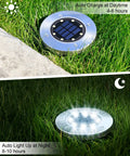 12 Pack Solar Ground Lights For Outdoor Use Waterproof Disk LED Lights For Lawn Pathway Yard Walkway Driveway Patio Deck Cold White Solar Lights With 8 Bright LEDs And 600mAh NiMH Battery charging and lighting in grass