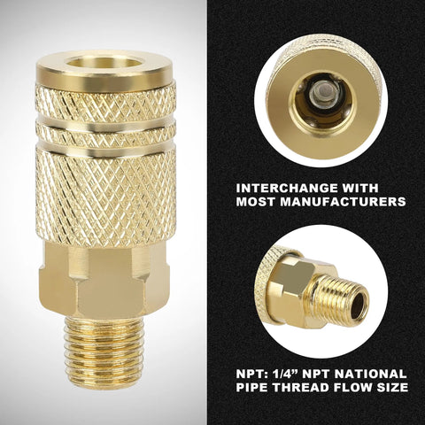 Close-up of brass-plated quick connect coupler from One Quarter Inch Air Hose Fittings Kit With Quick Connect Couplers And Plugs