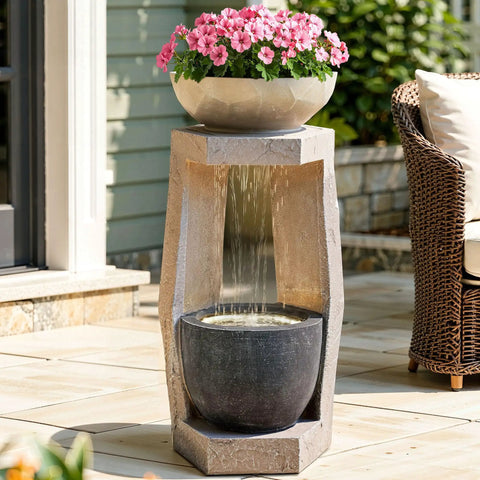 32 Inch Outdoor Fountain With Modern Geometric Two Bowls Water Feature And LED Lights Resin Durable Cascading Waterfall For Patio Backyard Garden Or Porch visible on patio with flowers