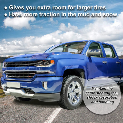 One Inch Front Leveling Lift Kit And Heavy Duty Strut Spacers To Drop The Sag And Raise The Bar For Chevy Silverado 1500 And Gmc Sierra 1500 Pickup Trucks 2007 Through 2019 blue truck showing increased tire clearance on the road.