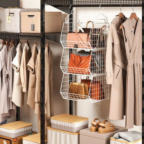3 Tier Foldable Closet Organizer With Wall Mount And Cabinet Storage Bins, Includes 5 S Hooks, Space Saving Clothes Shelves