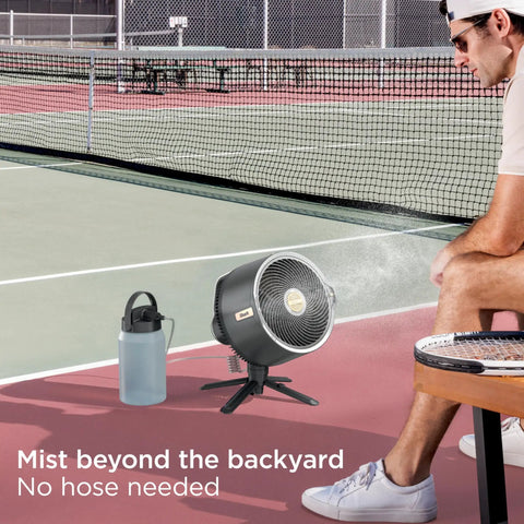 FlexBreeze Pro Mist Fan Indoor Outdoor Chill Machine with Built-In Misting on a tennis court, charcoal grey model.
