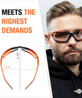 Foam Padded Safety Glasses With Clear Lens, ANSI Z87.1 Rated, worn by a man, showing side profile and measurement dimensions.