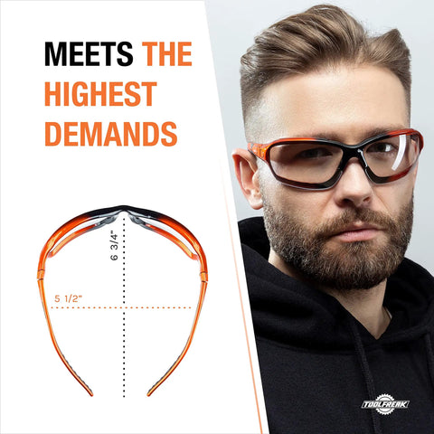 Foam Padded Safety Glasses With Clear Lens, ANSI Z87.1 Rated, worn by a man, showing side profile and measurement dimensions.