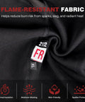 Close-up of Flame Resistant Balaclava fabric tag showing 7oz FR cotton with thermal insulation and spatter protection indicators.