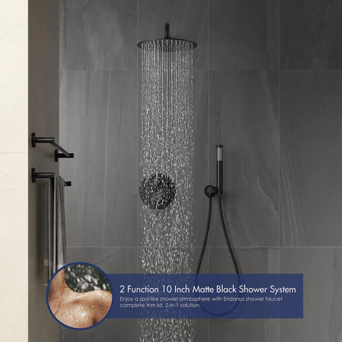 10 Inch Matte Black Round Rain Shower Set With Wall Mounted Rainfall Head And Handle Trim Kit in modern bathroom