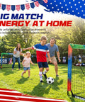 Family playing with Two Pack Easy Fold Pop Up Kids Soccer Goals For Backyard Play With Net Size 3 Soccer Ball Pump 10 Training Cones