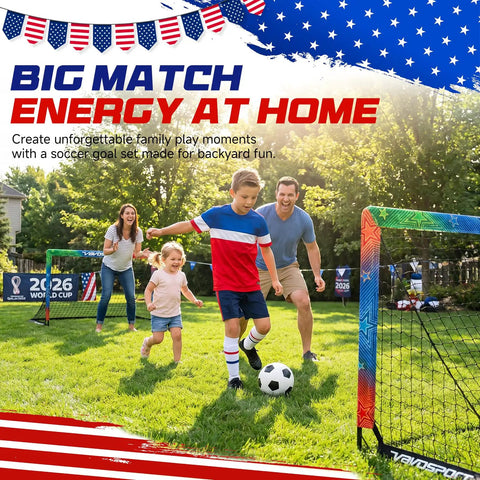 Family playing with Two Pack Easy Fold Pop Up Kids Soccer Goals For Backyard Play With Net Size 3 Soccer Ball Pump 10 Training Cones