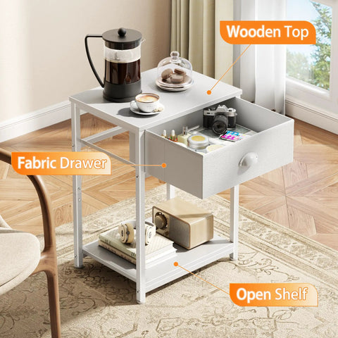 Small Space Friendly White Nightstand With Fabric Drawer And 3 Tier Storage End Table For Living Room Bedroom Or Dorm Durable Night Stand With Adjustable Feet Sturdy Build For Daily Use.