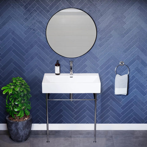 Claire 30 Inch Ceramic Console Sink With Glossy White Basin, Scratch Resistant Non Porous Ceramic, Single Faucet Hole, Overflow Included