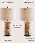 Natural Coastal Water Hyacinth Table Lamp Set Of 2 With Light Grey Linen Shade For Living Room Or Nightstand Cozy Chic Boho Farmhouse Decor LED Bulbs Included ETL Listed Safety 25 Inch Tall Lamps showing LED bulbs included