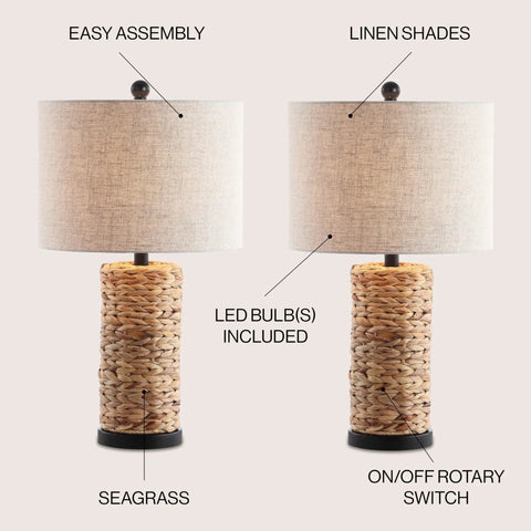 Natural Coastal Water Hyacinth Table Lamp Set Of 2 With Light Grey Linen Shade For Living Room Or Nightstand Cozy Chic Boho Farmhouse Decor LED Bulbs Included ETL Listed Safety 25 Inch Tall Lamps showing LED bulbs included