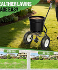 Man using 50Lb Capacity Walk Behind Fertilizer Spreader for Lawn Care with Hopper Screen on grass, healthier lawns made easy