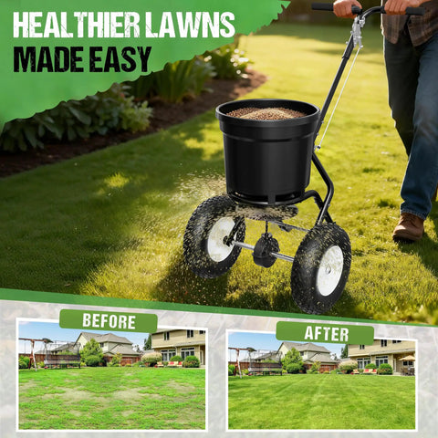Man using 50Lb Capacity Walk Behind Fertilizer Spreader for Lawn Care with Hopper Screen on grass, healthier lawns made easy