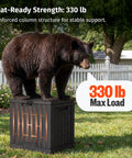 Bear standing on 31 Gallon Outdoor Storage Box Waterproof UV Resistant Resin Bin in a yard, showcasing its sturdy structure.