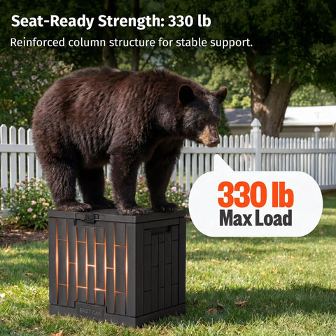 Bear standing on 31 Gallon Outdoor Storage Box Waterproof UV Resistant Resin Bin in a yard, showcasing its sturdy structure.
