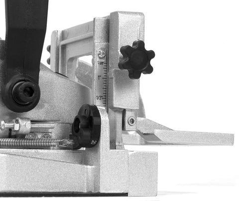Close-up of adjustable fence on Beefed Up Plate And Biscuit Joiner With Case And Biscuits, 8.5 Amp Motor, showing precise slot settings.