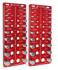 Two red JoblikeBrez bolt thread gauge panels with standard and metric thread sizes and wall-mount holes.