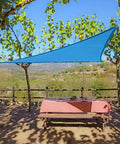 Triangle Shade Sail 9 ft 10 in Outdoor Sun Shade Breathable UV Blocking Canopy in Blue Lightweight and Portable for Backyards Patios and Casual Hangouts over picnic table