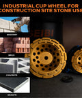 Top Tier Double Row Segmented Diamond Concrete Grinding Wheel For 4 1/2 Inch Angle Grinders 5/8-11 Arbor shown with masonry, brick, concrete, and granite.