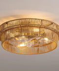 Keep Your Living Area Chill With This Dope Boho Rattan Ceiling Fan With Integrated Light And Flush Mount Low Profile Design Crafted For Smooth Airflow And Cozy Indoor Vibes Every Day with handwoven natural rattan shade.