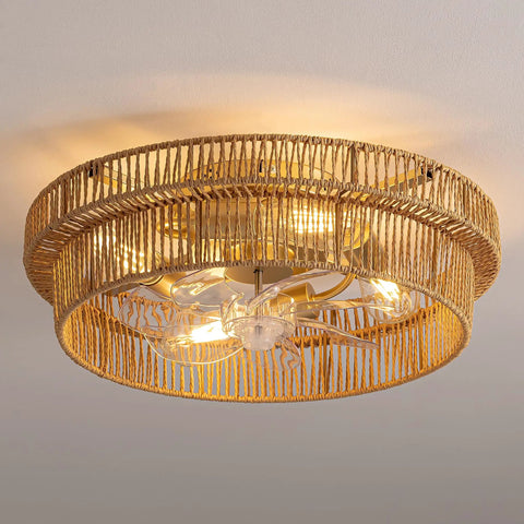 Keep Your Living Area Chill With This Dope Boho Rattan Ceiling Fan With Integrated Light And Flush Mount Low Profile Design Crafted For Smooth Airflow And Cozy Indoor Vibes Every Day with handwoven natural rattan shade.