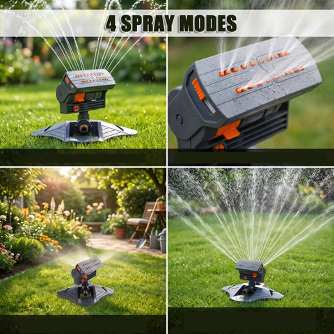 Upgraded 16 Nozzle Oscillating Sprinkler With Dual Zone Water Timer for garden, showcasing 4 spray modes in use outdoors.