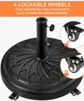 Heavy Duty Round Umbrella Base With 4 Lockable Rolling Wheels And 2 Knobs, 45 Lb Weatherproof Resin Iron Stand for Market Patio