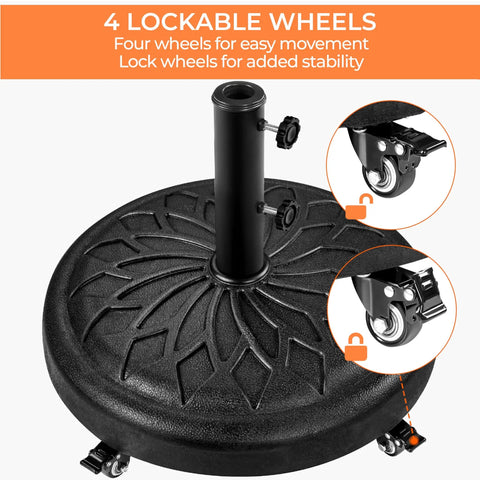 Heavy Duty Round Umbrella Base With 4 Lockable Rolling Wheels And 2 Knobs, 45 Lb Weatherproof Resin Iron Stand for Market Patio