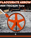 Close-up of 12 inch measuring wheel with 9999 ft range and feet inches readout, one key zero reset, on gravel surface