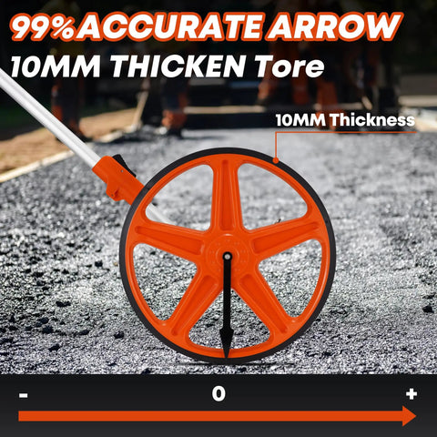 Close-up of 12 inch measuring wheel with 9999 ft range and feet inches readout, one key zero reset, on gravel surface