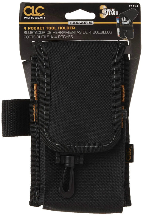 Heavy Duty Poly Tool And Cell Phone Holder Built Tough For Contractors, 4 pocket holder, black, attaches to suspenders.