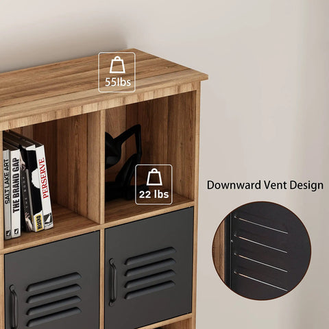 Premium Twelve Cube Wood Bookcase With Six Metal Doors Rock Solid Storage Cabinet Built Damn Tough for Home Office and Living Room displaying weight capacity.