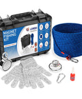 Underwater Treasure Hunting Magnet Fishing Kit With Case And Dual Strength Magnets 880Lb Double Sided And 550Lb Single Sided Includes Rope Carabiner Threadlocker And Gloves For The Real Magnet Fishing Crew displayed with accessories.