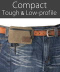 Low Profile Belt Zipper Pouch for Men and Women in olive waxed canvas, attached to jeans, anti-theft, with YKK zipper.