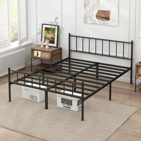 Tough Built Queen Metal Bed Frame With Steel Slat Support Zero Squeak Design Easy As Pie Assembly And Tons Of Under Bed Storage in a bedroom setting.