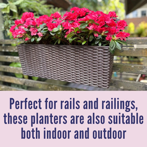 Outdoor Rail Planter For Balcony 20 Inch Two Pack With Rattan Pattern Design Drainage Holes And Brackets For Easy Hanging