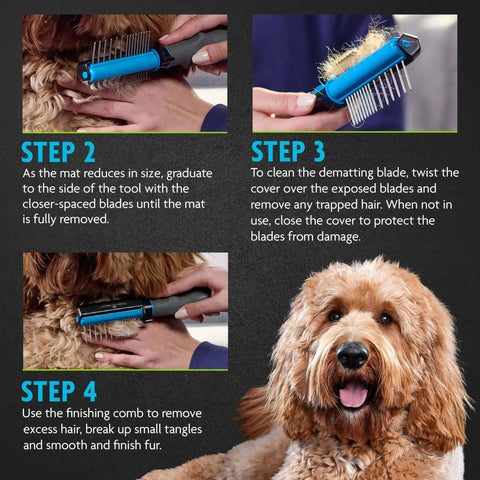 2-In-1 Dematting Grooming Tool For Dogs Prone To Matting With Built-In Finishing Comb Dual-Width Blades On Each Side And Curved Edges For Effortless Detangling Tangles And Smooth Fur.