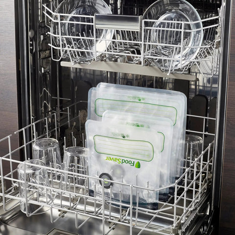 Reusable Quart Vacuum Zipper Bags, 10 Count, BPA Free, Microwave Safe, Leakproof in dishwasher with dishes