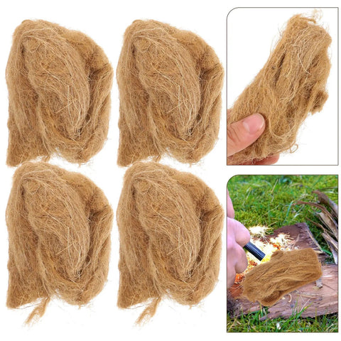 Natural Jute Fire Starters 4 Pack For Camping And Hiking, bundle shown with hand holding and usage in campfire setup