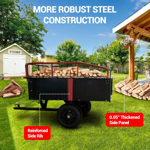 Beefy 15 Cu Ft Steel Dump Cart With All Terrain Tires loaded with firewood in a yard, showcasing reinforced side rib and thickened side panel.