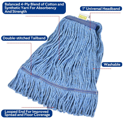 Pro Grade Heavy-Duty Mop Head Replacement For General And Floor Cleaning Pack Of 3 Wet Industrial Blue Cotton Looped-End String Head Refills Designed For Commercial Janitorial Use With Ultra-Absorbent 4-Ply Cotton Blend.