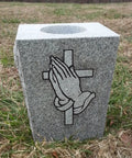 Tapered Granite Gravesite Vase With Engraved Design Gray Georgia Granite 8 By 6 By 10 Inches Handcrafted USA Made Memorial Cemetery Accessory