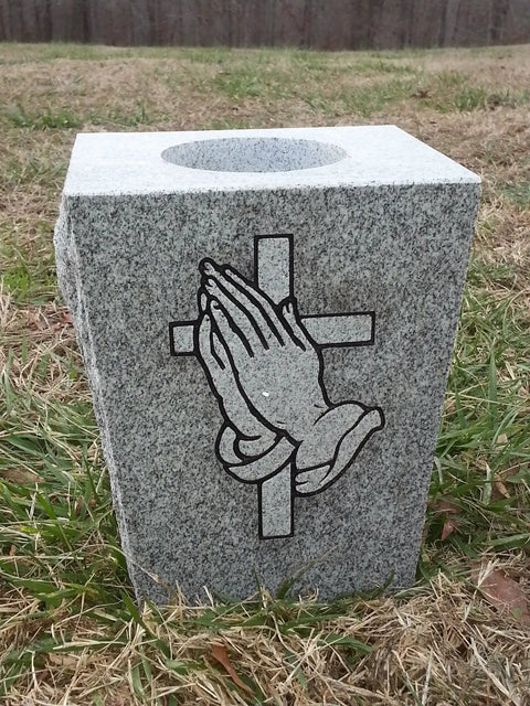 Tapered Granite Gravesite Vase With Engraved Design Gray Georgia Granite 8 By 6 By 10 Inches Handcrafted USA Made Memorial Cemetery Accessory